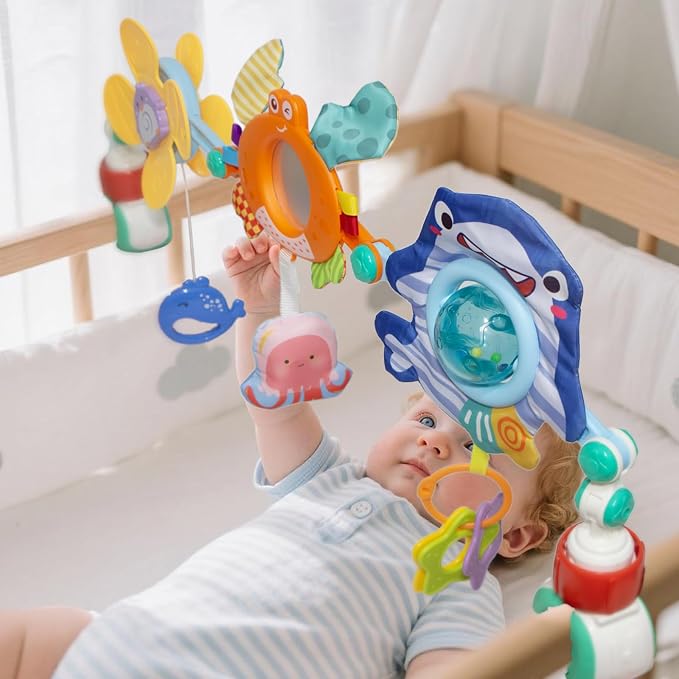 Adjustable Baby Stroller Arch Toy, Car Seat Toys for Infants 0 Months Bassinet Hanging Toy Bar Attachment with Mirror & Sound, Crib Comfort Gift for Birthday, Baby Shower