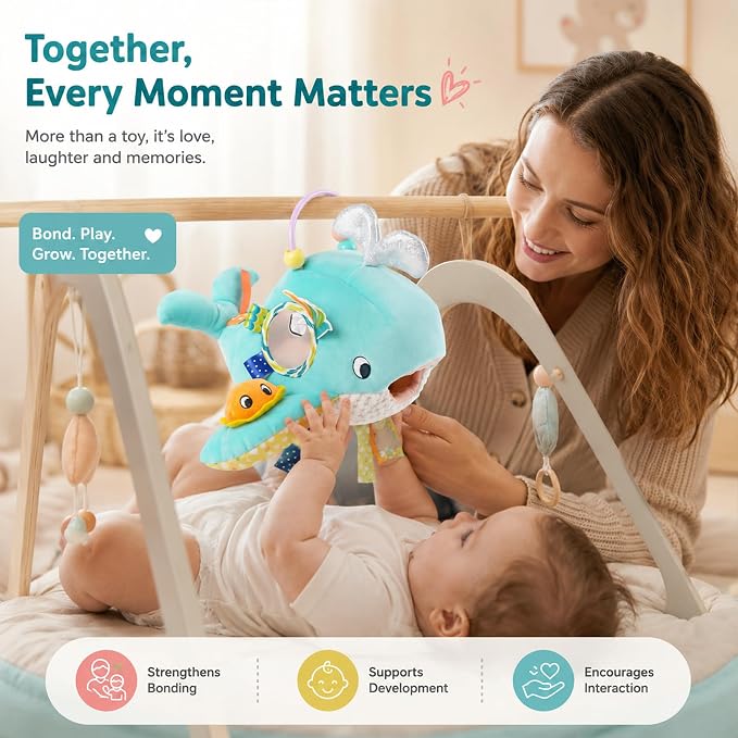 Baby Sensory Toys 6-12 Months - Montessori Ocean Adventure Set with Soft Whale & 6 Sea Animals, Rattle, Crinkle, Squeaker & Mirror for Fine Motor Development