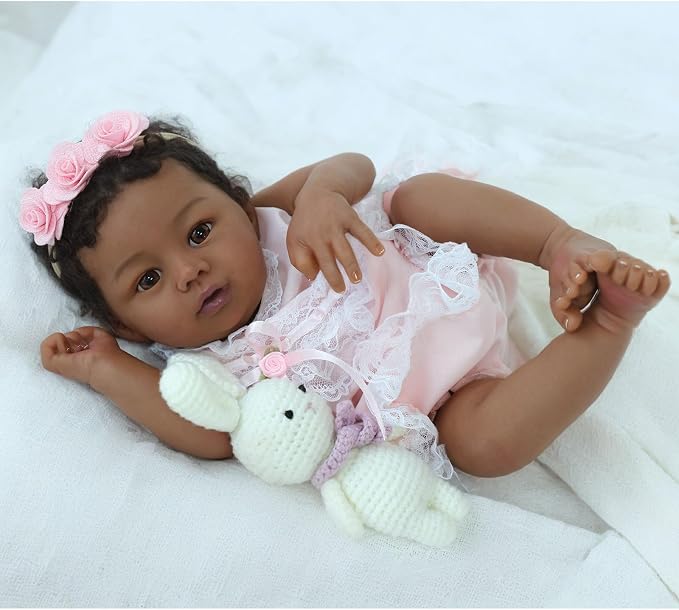 KSBD Reborn Baby Doll Black Girl – 18-Inch Realistic Lifelike African American Newborn Handmade Doll with Real Life Soft Weighted Body and Accessories – Gift Set for Kids Ages 3 and Up