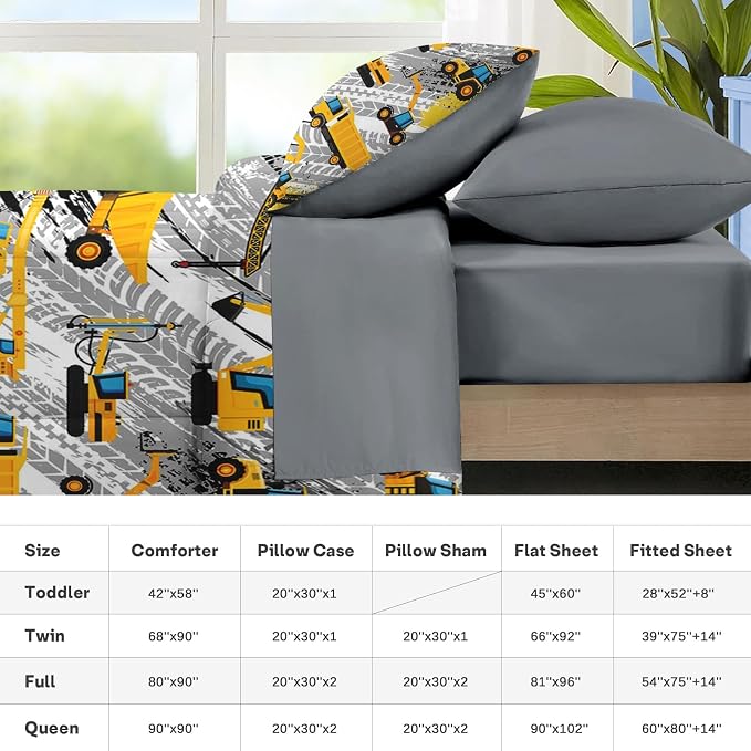 Nesker 5 Pcs Comforter Set Twin Size, Cartoon Yellow Vehicle Bedding for Kids Teen, Trucks Construction Bed Sheet with Pillowcase & Sham
