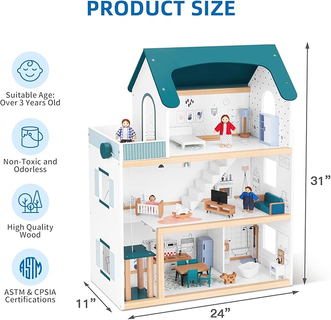 OOOK Wooden Dollhouse with Liftable Elevator - 2.6 Feet High Modern Doll House for Kids Toddlers - Including 21 Furniture Pieces, 4 Family Dolls, and 1 pet