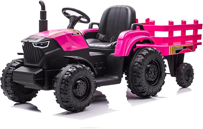 24V Kids Ride-On Tractor with Trailer, 400W Electric Farm Truck with Remote & Pedal Control, Headlights, USB MP3, Power Display, Adjustable Speeds, Safety Belt, Ride-On Toy Gift, Magenta