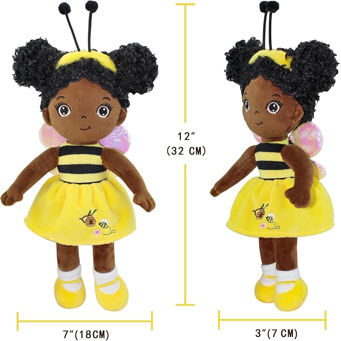 Black Baby Doll,Blacks Dolls African American Stuffed Toy,12” Rag Dolls for Girls Soft Gifts,Brown Doll Fairy Baby Toy plush toys for Christmas Birthday Party(SMALL-BLACK BEE)