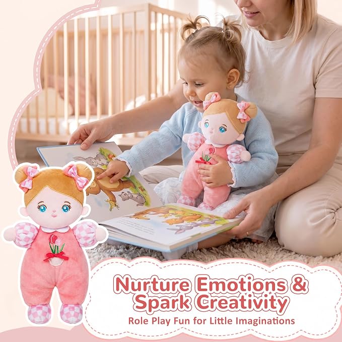 OUOZZZ Soft Baby Doll 10" Tulip Pink - First Birthday Toys for 1 Year Old Girl, Ideal 1 Year Old Girl Gifts & Baby Girl Gifts, Snuggle Buddy for Infants