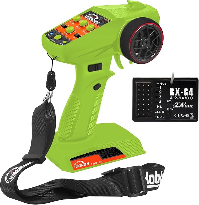 RC Radio System 4CH 2.4G RC Transmitter with Receiver and Lanyard Anti-Jamming Remote Controller for RC Car Crawler Boat, Green