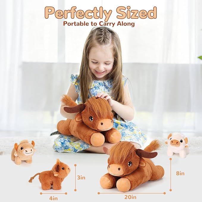 gnomantic Highland Cow Stuffed Animals with Babies, Mommy Toy for Kids | 5-Piece set: 1 mommy highland cow + 3 surprise babies inside. Unzip belly to reveal babies. Ultra-soft, safe for ages 3-8.