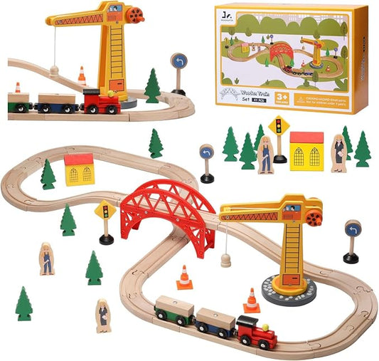 SainSmart Jr. Wooden Train Set for Toddler, 41pcs Wood Train Track w/Crane Fits Brio, Thomas, Melissa and Doug, Kids Wood Toy Train for Kids Ages 3+