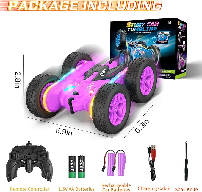 Terucle Remote Control Car, Rc Cars Stunt RC Car Toys New Upgraded Strip Lights and Headlights Girl Toys Double-Sided 360° Rotating 4WD Drift Truck for Boys Girls Birthday Gift (Purple)