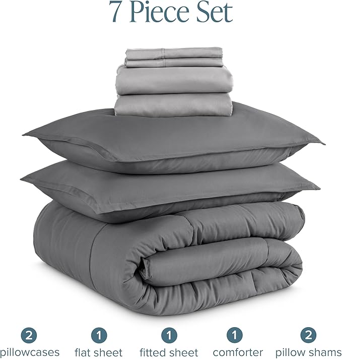 Bare Home Bed-in-A-Bag 7 Piece Comforter & Sheet Set - King - Goose Down Alternative - Ultra-Soft 1800 Premium - Bed Set (King, Grey/Light Grey)