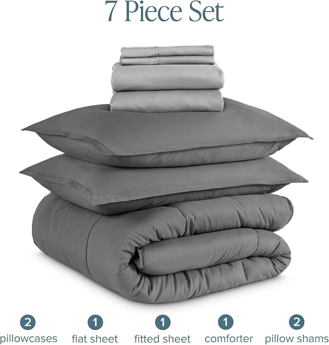 Bare Home Bed-in-A-Bag 7 Piece Comforter & Sheet Set - Full - Goose Down Alternative - Ultra-Soft 1800 Premium - Bedding Set (Full, Grey/Light Grey)