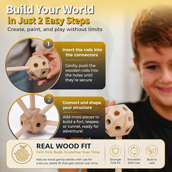 MIND KIDZ Wooden Fort Building Kit for Kids - STEM Montessori Construction Toy - 82 Pieces Fort Builder Play Set with Big Cotton Storage Bag