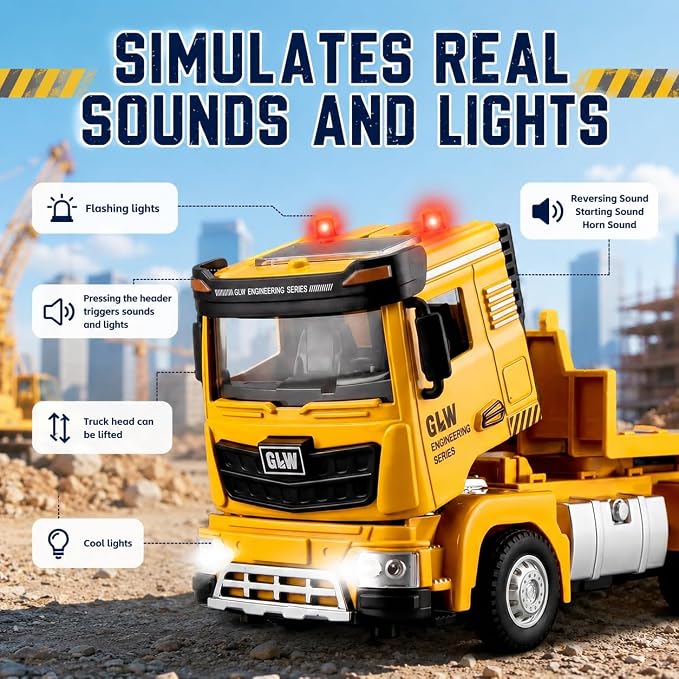 Alloy Die-Cast Construction Vehicles Toys Set w/Semi Truck, Excavator & Bulldozer - Real Lights & Sounds, Movable Parts - Learning Toys Gift for 3-7 Year Old Boys Girls