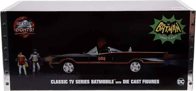 Jada DC Comics 1:18 1966 Classic TV Series Batmobile Light-Up Die-cast Car with 3" Batman and Robin Figures, Toys for Kids and Adults