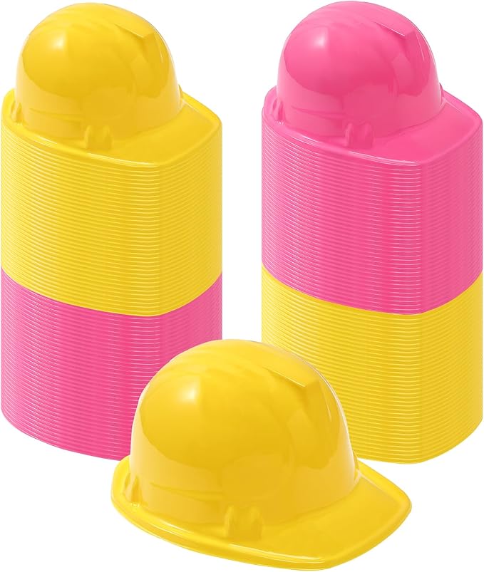 Haysandy Construction Hats Bulk Plastic Construction Party Hats Soft Worker Caps for Boys and Girls Toddler(Yellow and Pink,100 Pcs)