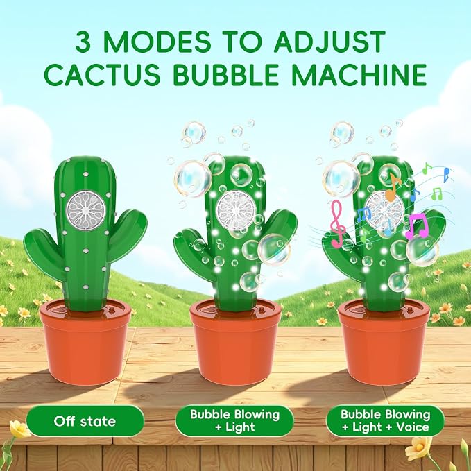 Cactus Automatic Bubble Machine LED Light Music Portable Kids Party Blower | Indoor Outdoor Birthday Easter Wedding Battery Operated Toy Gift