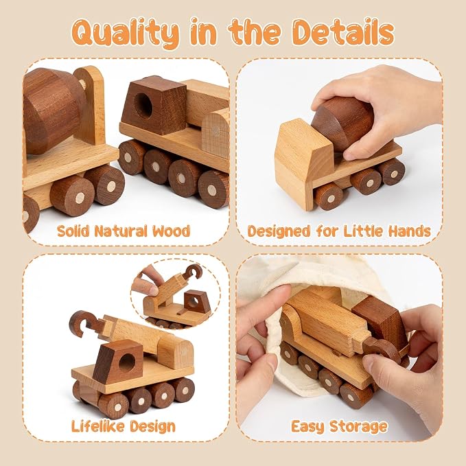 Wooden Toy Cars for 3 Year Old Boys & Girls - Construction Vehicles Set Push Toys for Toddlers, Wood Montessori Car with Rolling Wheels, Natural Wood Toys (Crane & Concrete Mixer Truck)