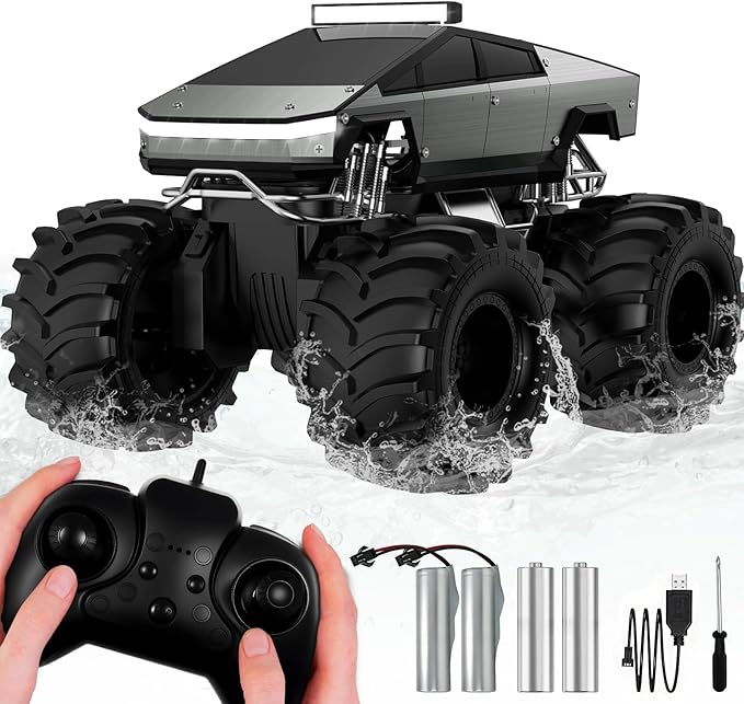 Cokzer Remote Control Car, 1:18 Amphibious RC Cars, 4WD All Terrain Off-Road Pickup, 2.4GHz Waterproof Cyber Truck, 360° Rotatable Monster Truck Toys for Boys Christmas Birthday Gifts Age 6+ (Grey)