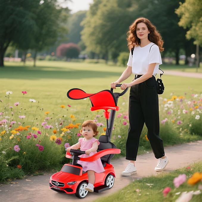 OLAKIDS Push Car for Toddlers, 3 in 1 Licensed Mercedes Benz Baby Sliding Walking with Parent Control Handle Adjustable Canopy Guardrail Under Seat Storage, Kids Ride on Toys with Horn (Red)