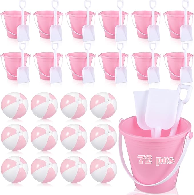 Lunmon 72 Pcs Beach Toys for Kids 24 Set Sand Buckets Shovels Bulk Pastel Beach Balls Inflatable Sand Toys for Girls Boys Toddlers Games Birthday Summer Pool Party Favor (Pink White, Vivid)