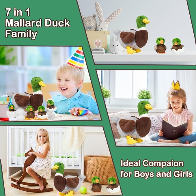 7 in 1 Mallard Duck Stuffed Animals Plush Toys, 12“ Zippered Mommy Stuffed Duck with 4 Baby Ducklings and Eggs Green Duck Plushies Pillow for Kids Birthday Christmas Farm Party Decor
