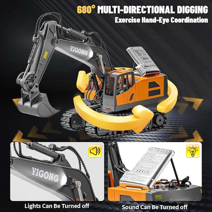 Remote Control Excavator Toy, 11 Channel RC Construction Digger with Metal Shovel, Lights & Sounds, 2.4GHz Rechargeable All-Terrain Excavator for Kids 3-14, Perfect for Sand, Dirt & Outdoor Play