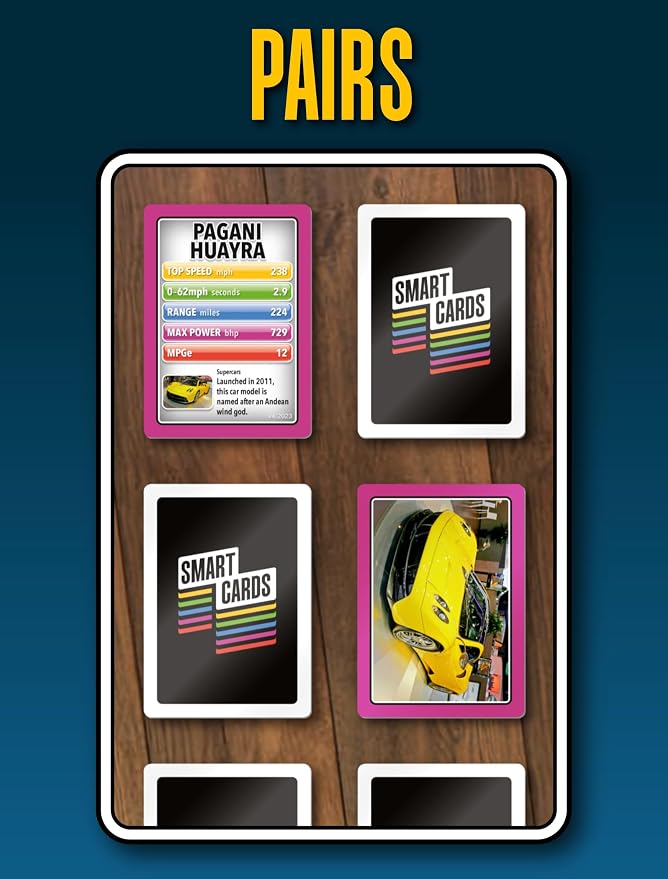 SMART CARDS Cars, Gift, Stocking Stuffer, Travel Game, 7 Games in 1, Pairs, Snap, Trumps, Rummy, Memory Quiz, Learn Facts, Age 5+, 1-8 Players