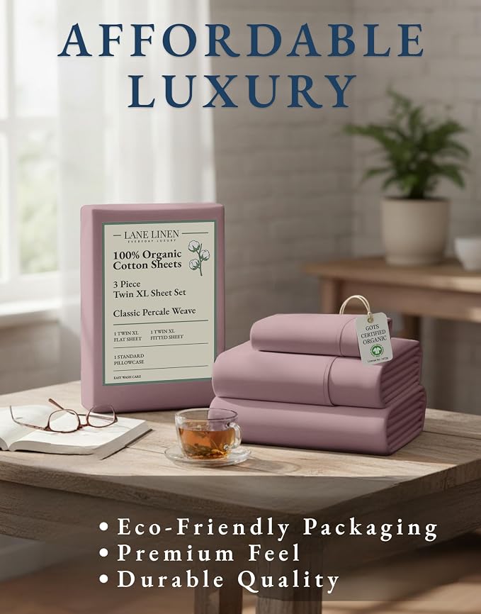 LANE LINEN Twin XL Sheets 100% Organic Cotton Soft 3pc Percale - Lilac | Twin XL Sheet Set, GOTS Certified Organic Cotton Percale - Great For Gifting, Easy-Care Machine Washable, For Hot Sleepers