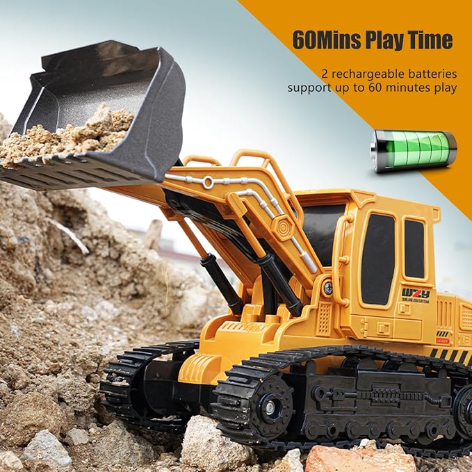 Jiakora Remote Control Front Loader - Metal Shovel, LED Working Lights, Music & 2 Rechargeable Batteries, Construction Toys for Boys Age 4 5 6 7 8 Birthday Gift