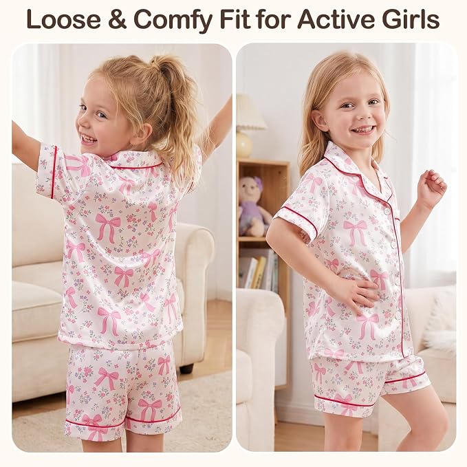 FIOBEE Girls Satin Pajamas Doll Matching Clothes, Stain Button Down Pjs Set Fits 18 Inch Dolls Soft Silky Toddler Kids Sleepwear White Floral
