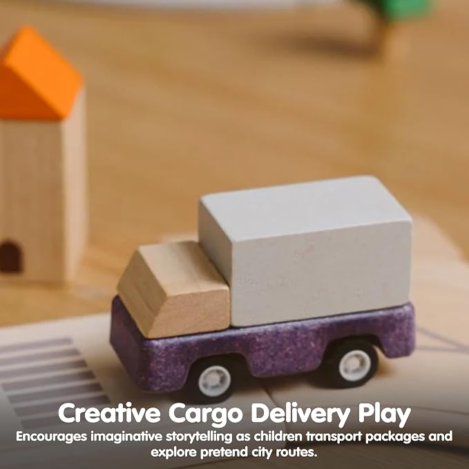 PlanToys® Purple Delivery Truck Wooden Montessori Vehicle Toy | Early Movement, Imagination and Practical Life Exploration | Eco Friendly Truck for Indoor and Outdoor Play
