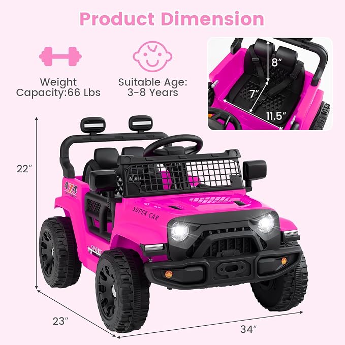 OLAKIDS 12V Ride On Truck, Battery Powered Electric Vehicle for Kids with Remote Control, Foldable Reflective Mirror, Spring Suspension, Music, LED Lights, Ride on Toy for 3+ Boys Girls (Pink)
