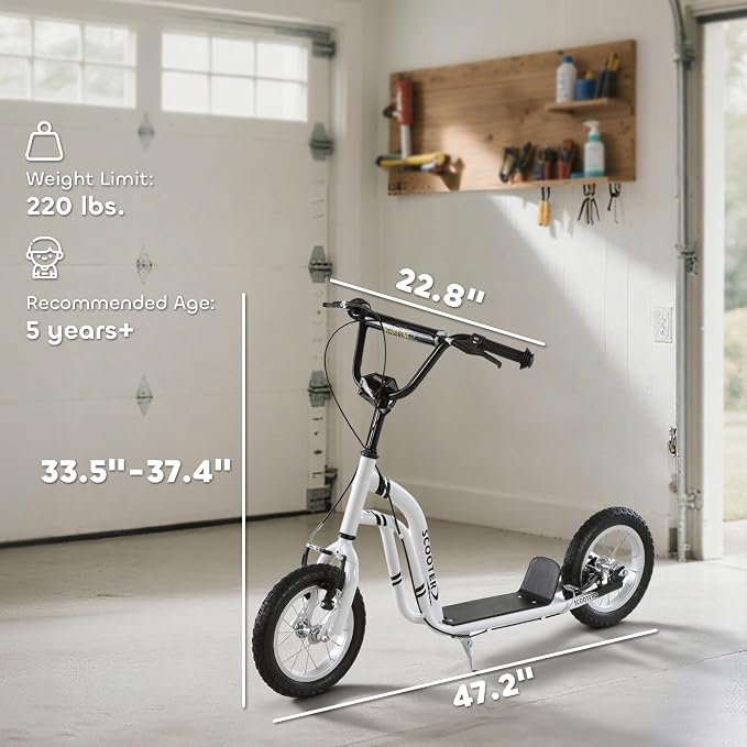 Aosom Kick Scooter with Dual Caliper Brakes, Big Wheels Kick Scooter for Ages 5+, 12-Inch Inflatable Front Wheel, Max Load 220lbs