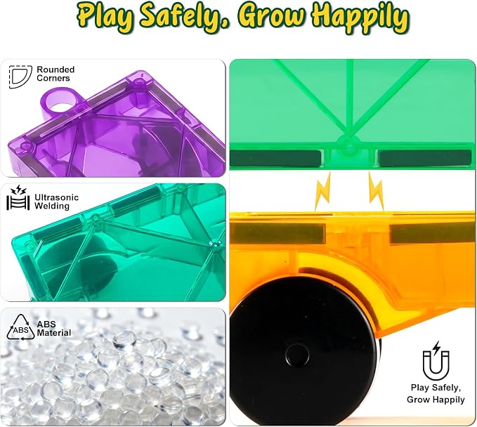 BAMG Magnetic Tiles Car Building Kit, 4 PCS Magnet Construction Trucks, STEM Educational Toys for Kids Ages 3-8, Engineering Vehicle Building Set, Sensory Learning Gifts for Toddlers Boys Girls