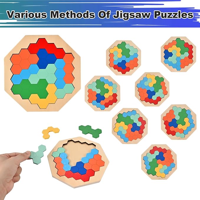 3 PCS Wooden Blocks Puzzles, 3-in-1 Russian Blocks Puzzle, Octagon Puzzle, Tangrams Puzzles, Brain Teaser Puzzles Game, Montessori STEM Educational Toys Gifts for Kids and Adults