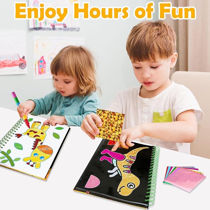 FUNNYB&G Foil Art Craft Kit for Kids 4-10 Years Old: Mess-Free & No-Glue, Create 16 Sparkly Dinosaur& Animal Pictures – Perfect Travel Toy & Birthday Gift for Kids (Dinosaur Animal)