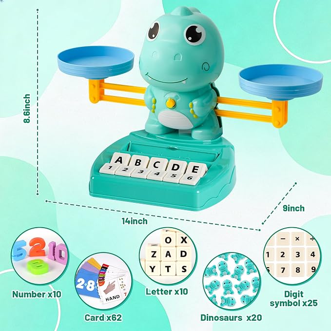 Upgraded Dinosaur Math Balance Toy with Number Blocks, Letter Cubes & 32 Learning Cards, Montessori Learning & Education Toys for Ages 3–7,Ideal Gift for Kids (Upgraded Blue)
