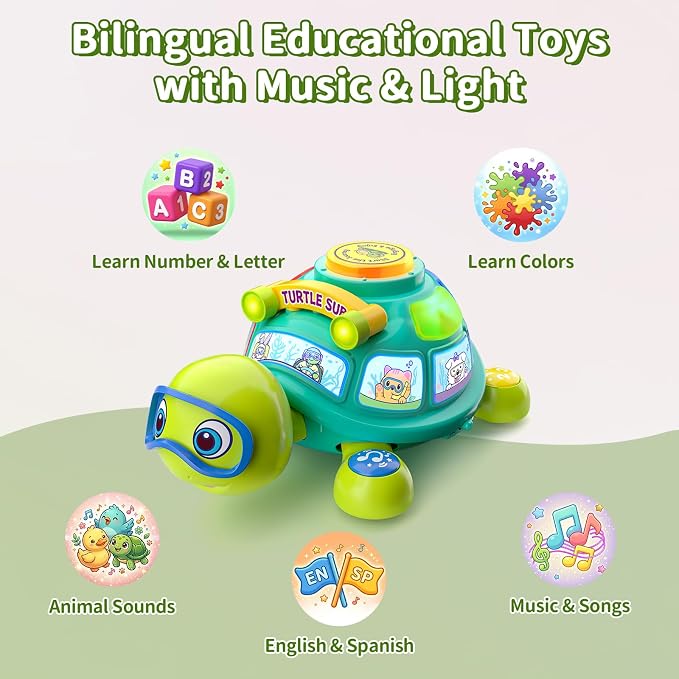 Musical Baby Toys 6-12 Months, Bilingual Educational Turtle Toys for Infants 5 6 7 8 9 10 Months, Crawling Tummy Time Toy with Light & Sound, Baby Boy Girl Gifts for 6 7 9 12 Months