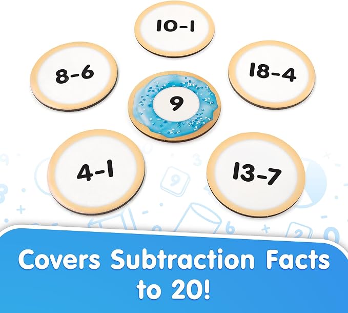 Junior Learning: Subtraction Snacks - Hands-On Math Problems Practice Game, Covers Subtraction Facts to 20, Donuts Theme Double-Sided Cards, Kids 5+