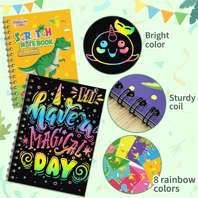 Scratch Art Party Favors for Kids 8-12: 24 Pack Dinosaur Rainbow Scratch Art Notebook, Easter Basket Stuffers, Coloring Books Goodie Bags Stuffers, Classroom Birthday Gifts for Student