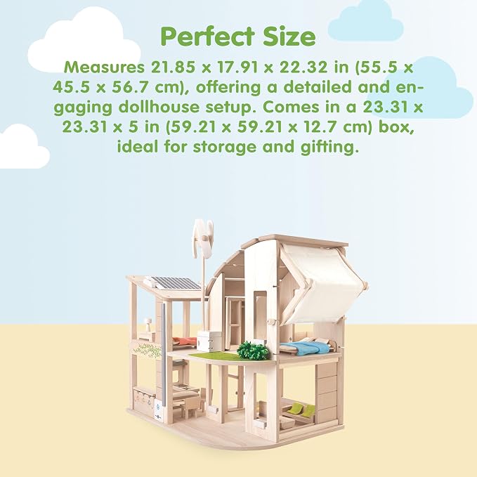 PlanToys® Green Wooden Dollhouse with Furniture | Eco Friendly Doll House with Solar Panel, Wind Turbine & Recycling System | Pretend Play Dollhouse for Sustainable Living Role Play