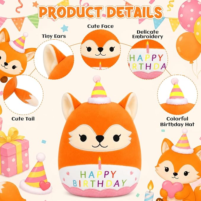 Fox Plush Toy - 10inch Cute Birthday Stuffed Animal Fox Plush Pillow, Soft Kawaii Fox Birthday Gifts Plushie Doll Stuffy Toys Party Decoration for Kids Girls and Boys