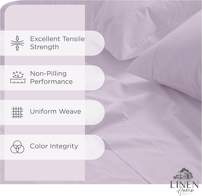 Linen Home 100% Cotton Percale Sheets Twin Size, Iris Lilac, Deep Pocket, 3 Pieces Set- 1 Flat, 1 Fitted and 1 Pillowcase, Crisp Cool and Long Staple Strong Bed Linen