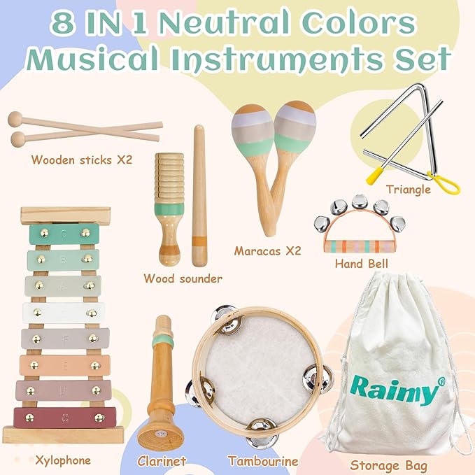 Raimy Kids Musical Instruments Set, Neutral Colors Wooden Montessori Toys | Percussion Instruments Set with Modern Boho Xylophone | Birthday Gifts for Baby Toddlers Boys Girls with Storage Bag