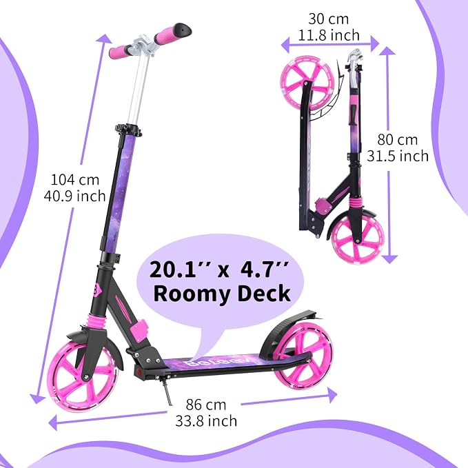 BELEEV V8 Scooters for Kids Ages 6+ with Light-Up Deck, 2 Wheel Folding Scooter for Kids, 4 Adjustable Height, Lightweight Sport Commuter Scooter, Sturdy Frame