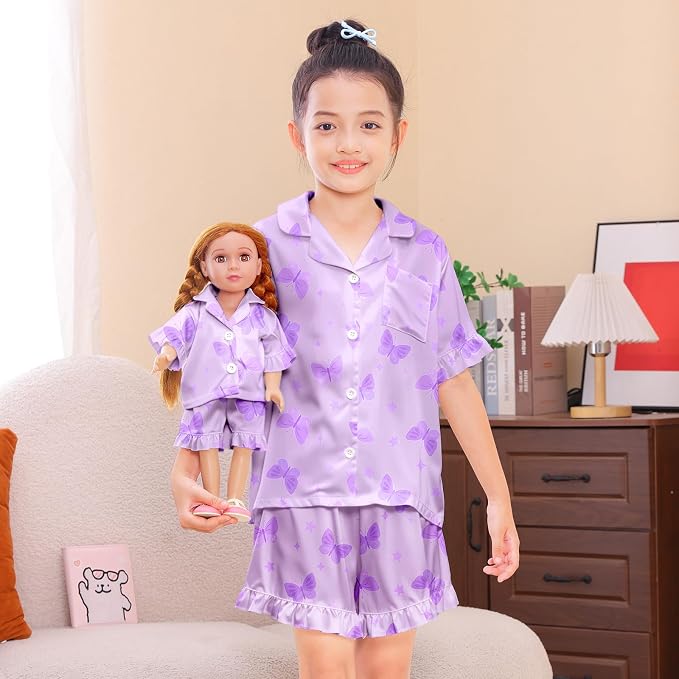 ICOSY Matching Doll & Girls Silk Pajamas Satin Pjs for Girls Button-Down Top and Shorts for 18" Doll Girl Clothes