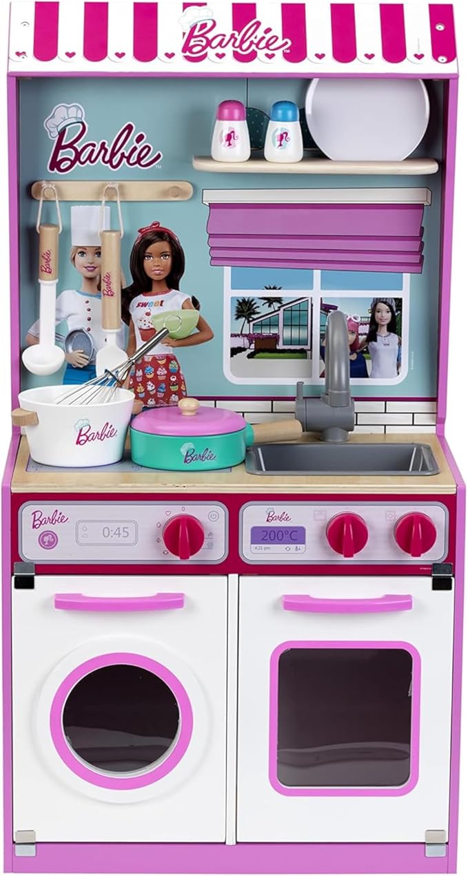 Klein Theo 2 in 1 Barbie Wooden and Metal Toy Kitchen and Dollhouse with Pretend Washing Machine and Oven for Kids Ages 3 and Up Integrated Dollhouse