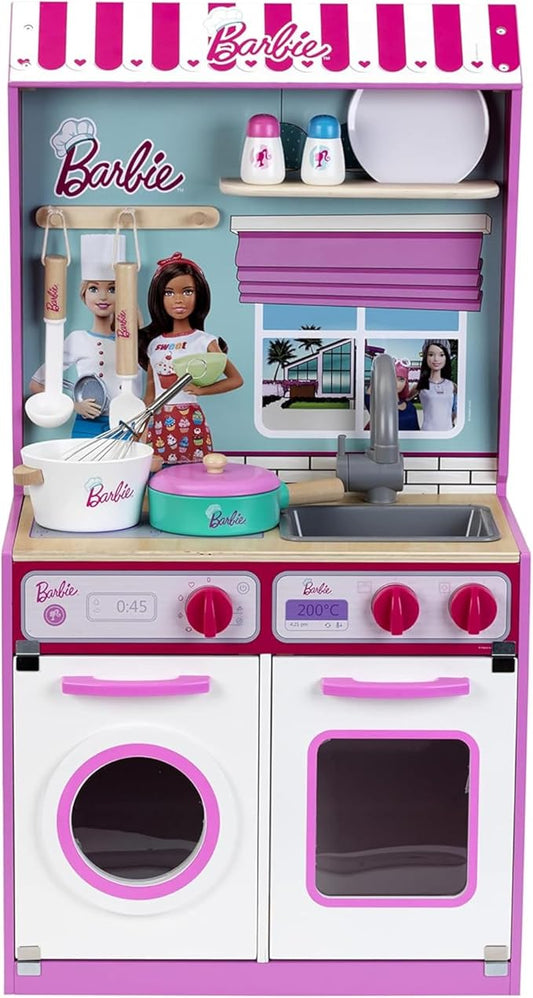 Klein Theo 2 in 1 Barbie Wooden and Metal Toy Kitchen and Dollhouse with Pretend Washing Machine and Oven for Kids Ages 3 and Up Integrated Dollhouse