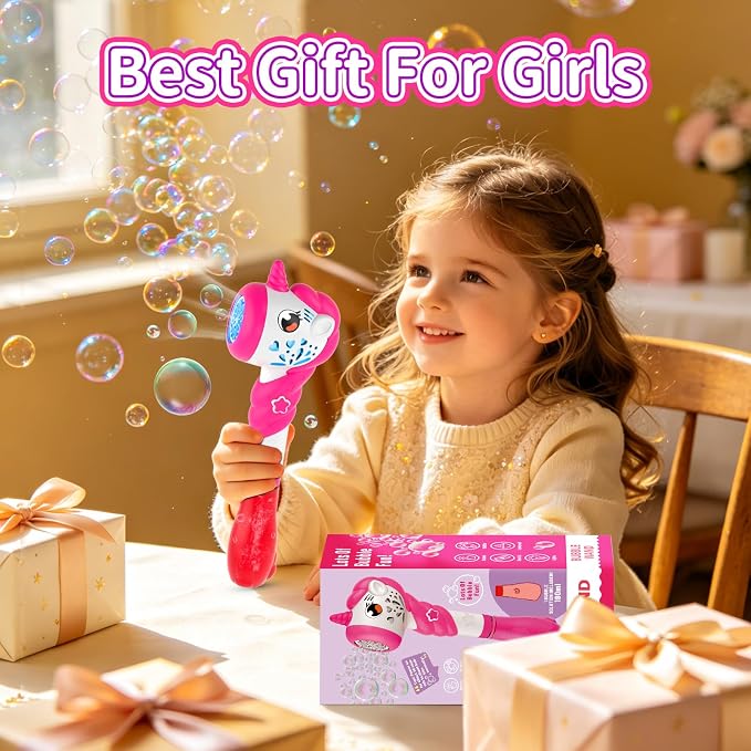 Bubble Machine for Girls, Toy Automatic Bubble Wand Maker Blower Toys with Light, Outdoor Party Toys for 3 4 5 6 Year Old Girl Easter Birthday Gifts Include Bubble Solution