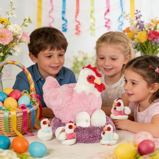 Youthfuljive 9 in 1 Chicken Stuffed Animal Set, Stuffed Chicken Plush Toy Egg Laying Hen with Zipper and Baby Chicks Toy Chickens Eggs and Chicken Coop Toys for Kids Toddler Birthday Farm Decor