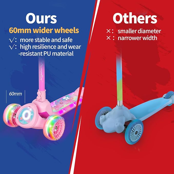 Nattork Kids Scooter for Girls with Light Up Wheels, Deck and Headlight, Wide Anti-Slip Deck and T-bar Handle with Rear Foot Brake, Adjustable Height 3 Wheel Scooter for Kids Ages 3+ and up to 220Lbs